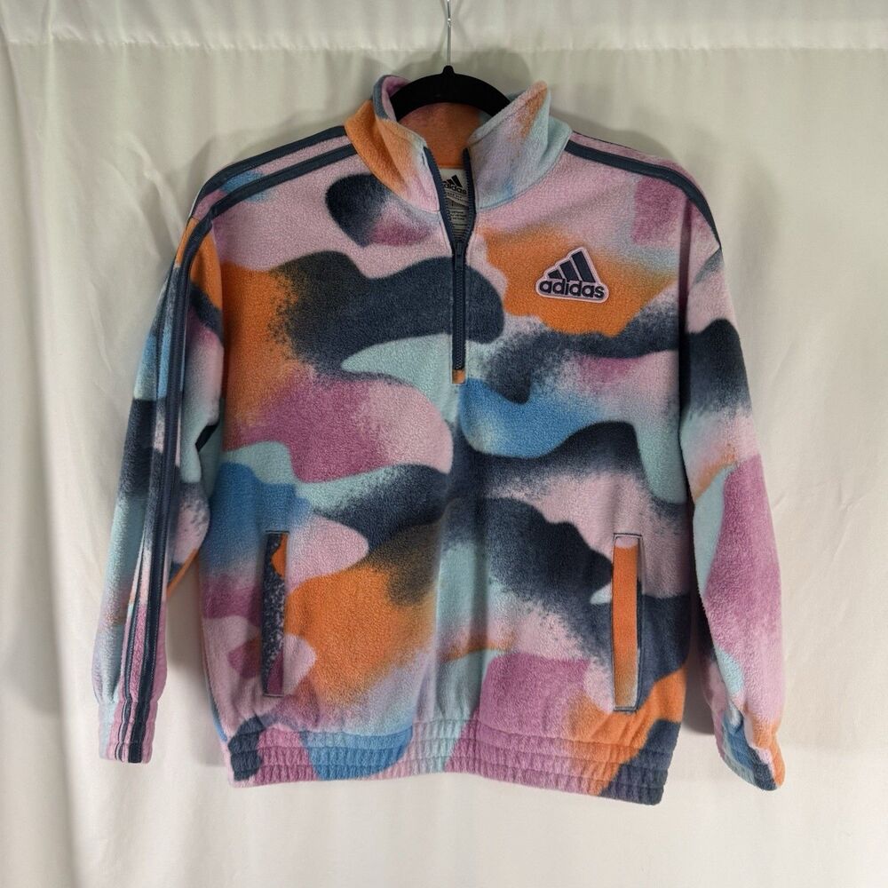 ADIDAS Fleece Jacket Girls Lg 14 Tie Dye Orange Blue Loose Fit 1/4 Zip Pullover